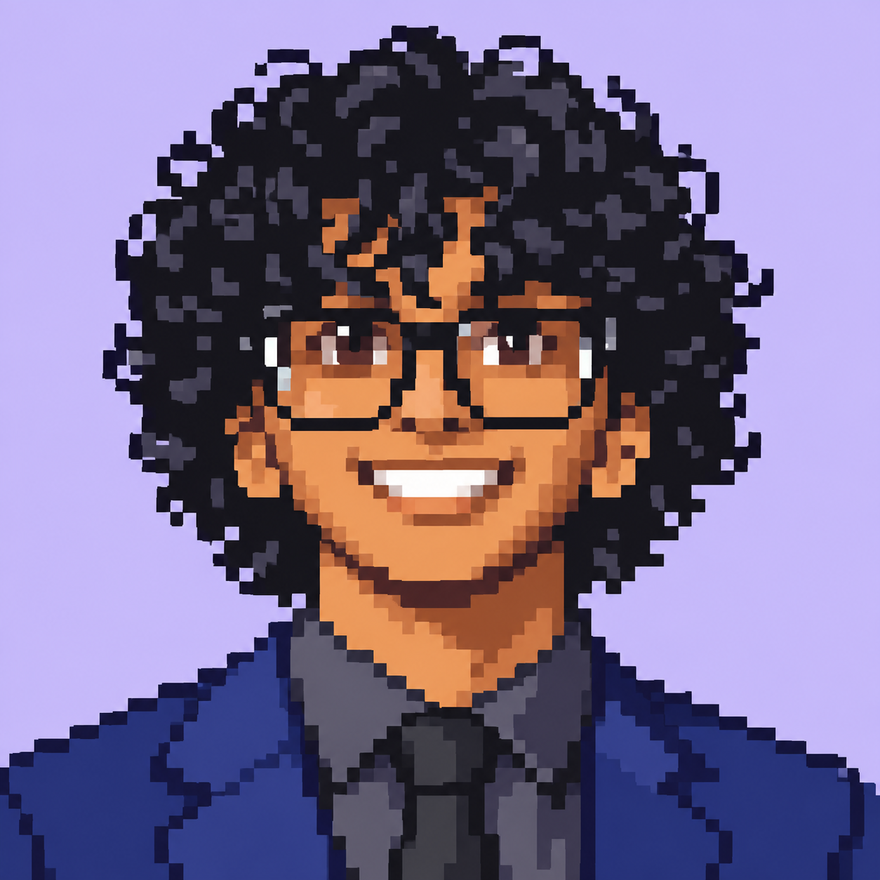 8-bit-style portrait of Jeffrey with curly hair and glasses
